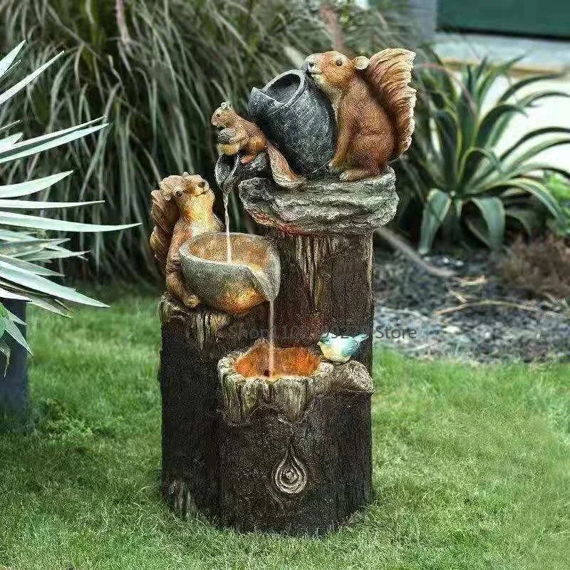 BowLift | Lunaverde Solar Deco Fountain Duck & Squirrel | Garden Figure with LED Light | Weatherproof Resin | For Terrace & Balcony