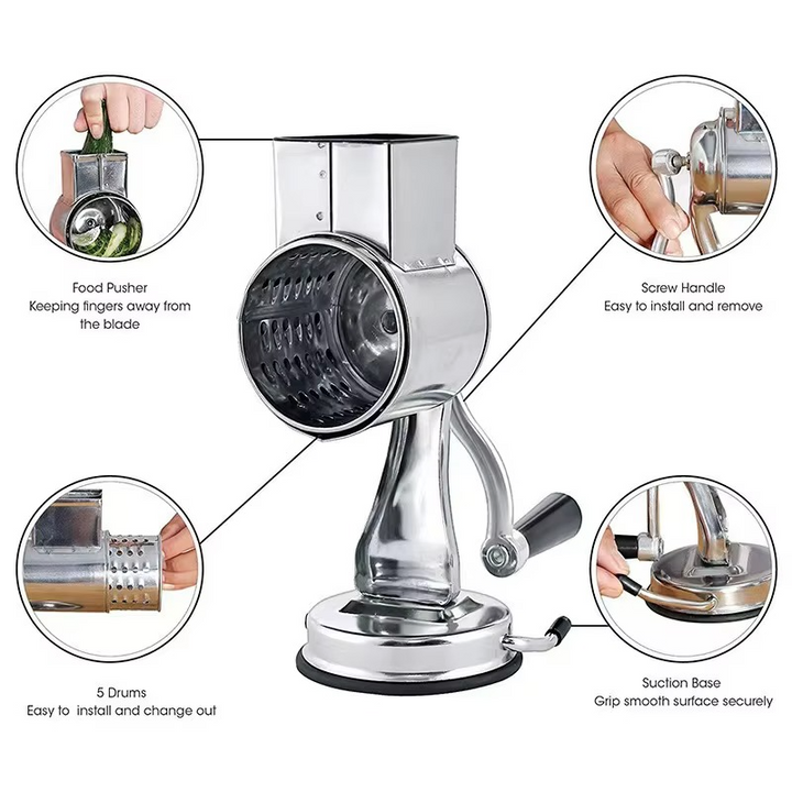 BowLift | Rotary Vegetable Grater with 5 Stainless Steel Blades, Suction Cup Base, Dishwasher Safe