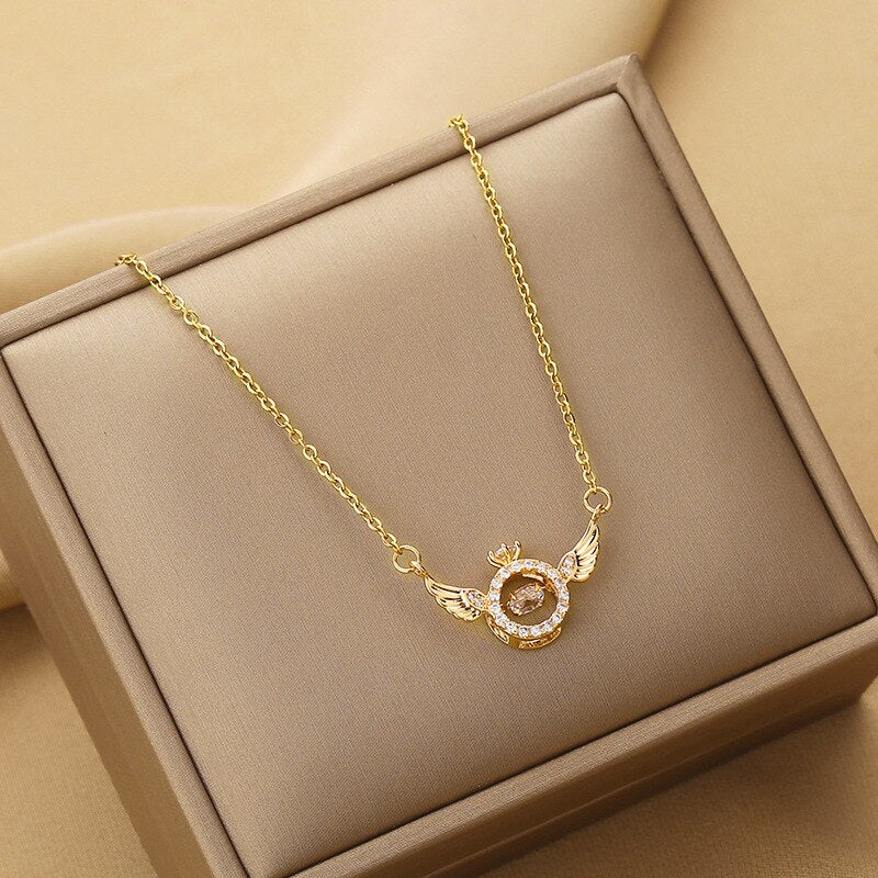 BowLift | Angel Wings Necklace – Titanium Steel Pendant with Strass