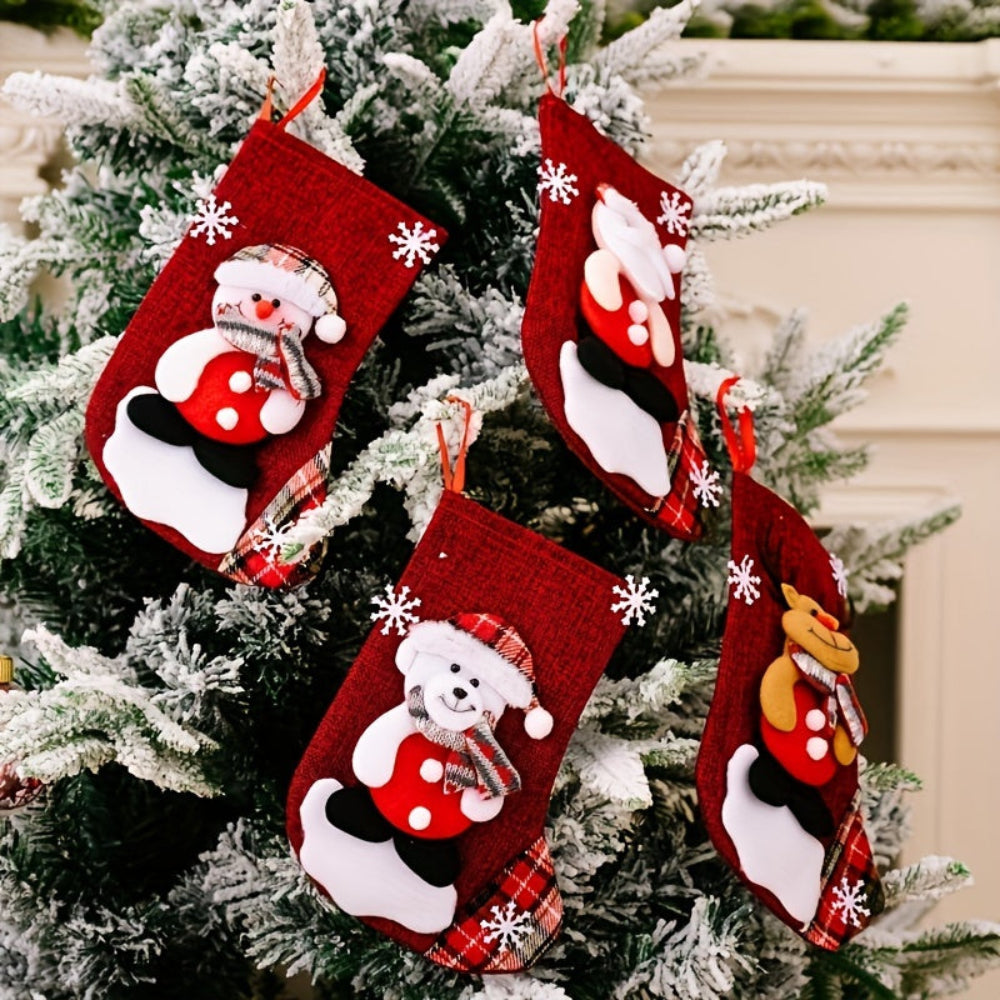 BowLift | Set Red Christmas Socks with Santa, Snowman, and Reindeer for Festive Decoration