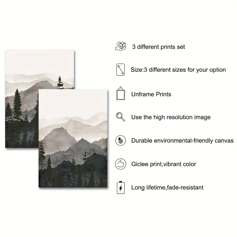 Set of 3PCS Shadow Mountain Silhouette Landscape Wall Art Fine Art Canvas Prints Nordic Pictures For Modern Living Room Dining Room Art Decor | Bowlift