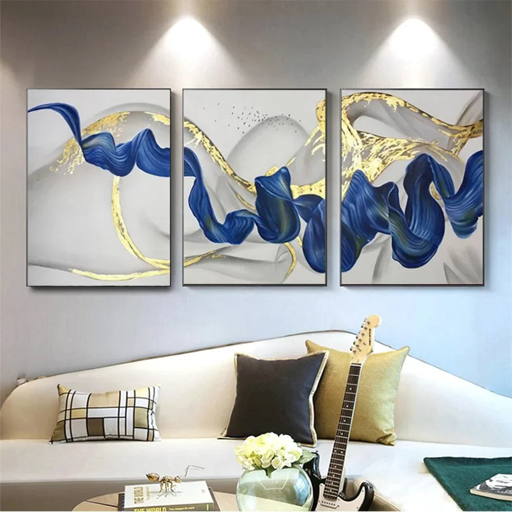 Set of 3Pcs Blue Golden Wave Wall Art Fine Art Canvas Prints Pictures For Modern Living Room Dining Room Hotel Room Decor | Bowlift