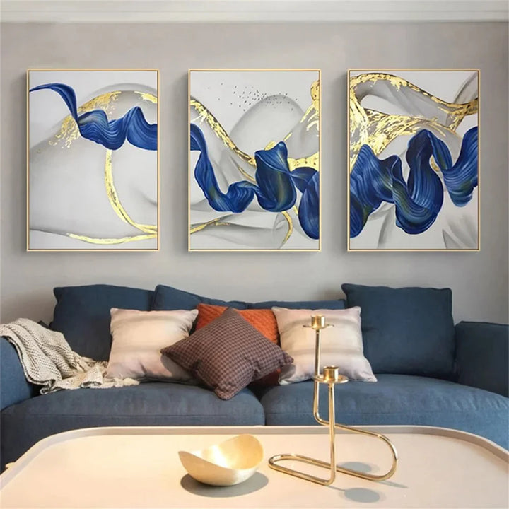 Set of 3Pcs Blue Golden Wave Wall Art Fine Art Canvas Prints Pictures For Modern Living Room Dining Room Hotel Room Decor | Bowlift