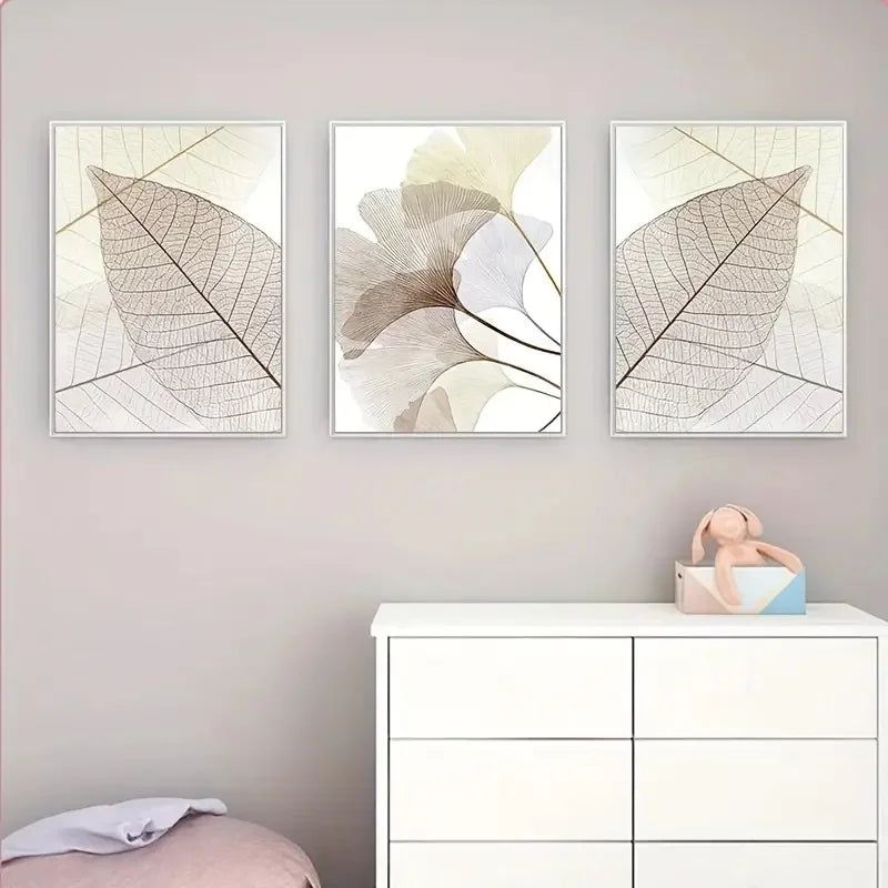 Set of 3 PCS Modern Botanical Leaf Veins Wall Art Fine Art Canvas Prints Simple Neutral Tone Pictures For Living Room Scandinavian Style Home Decor | Bowlift
