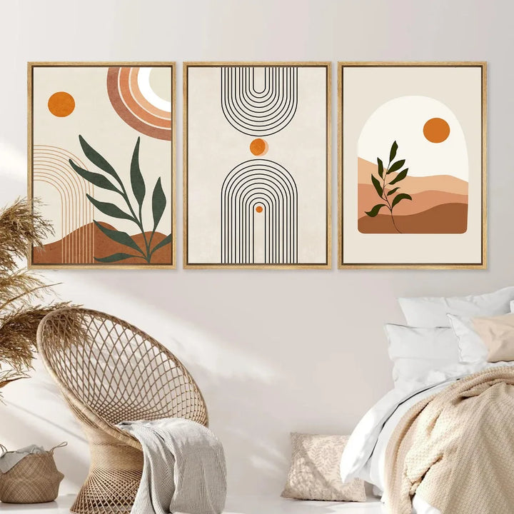 Set of 3Pcs Modern Abstract Bohemian Minimalist Geometric Wall Art Fine Art Canvas Prints Posters Pictures For Living Room Decor | Bowlift
