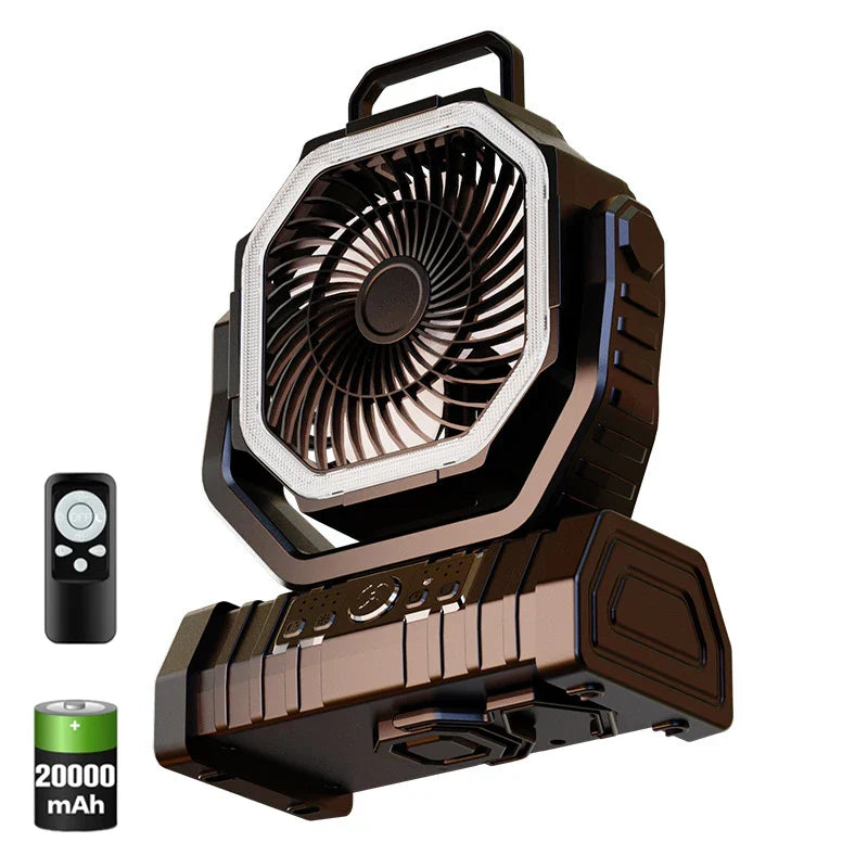 20000mAh Portable Rechargeable Fan — Battery-Operated Desk & Camping Fan with LED Light & Hook for Tent, Car, and Outdoor Trips | Bowlift