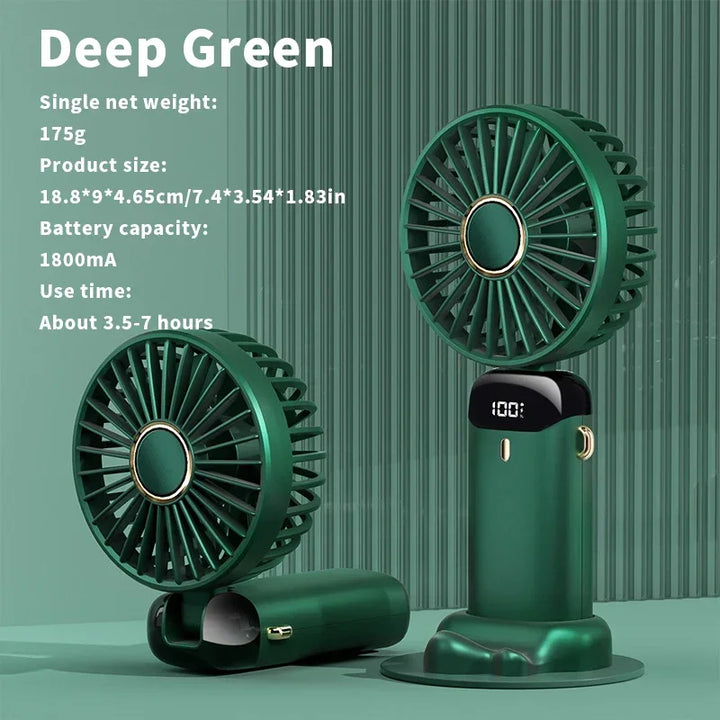 Handheld Mini Fan – 3000mAh Foldable Portable Desk & Neck Hanging Fan with 5 Speeds, USB Rechargeable & Phone Stand Display | Bowlift