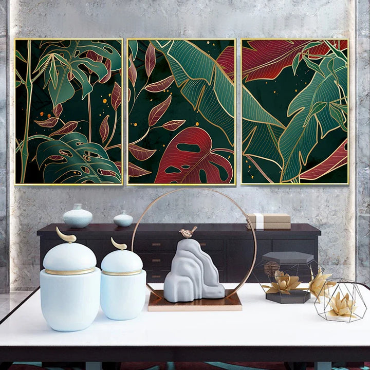 Modern Abstract Tropical Botany Wall Art Fine Art Canvas Prints Red Green Palm Leaves Posters Pictures For Living Room Hotel Room Decor | Bowlift