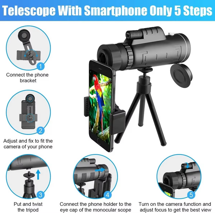 BowLift | 40x60 HD Monocular Telescope with Smartphone Holder and Tripod for Outdoor and Camping