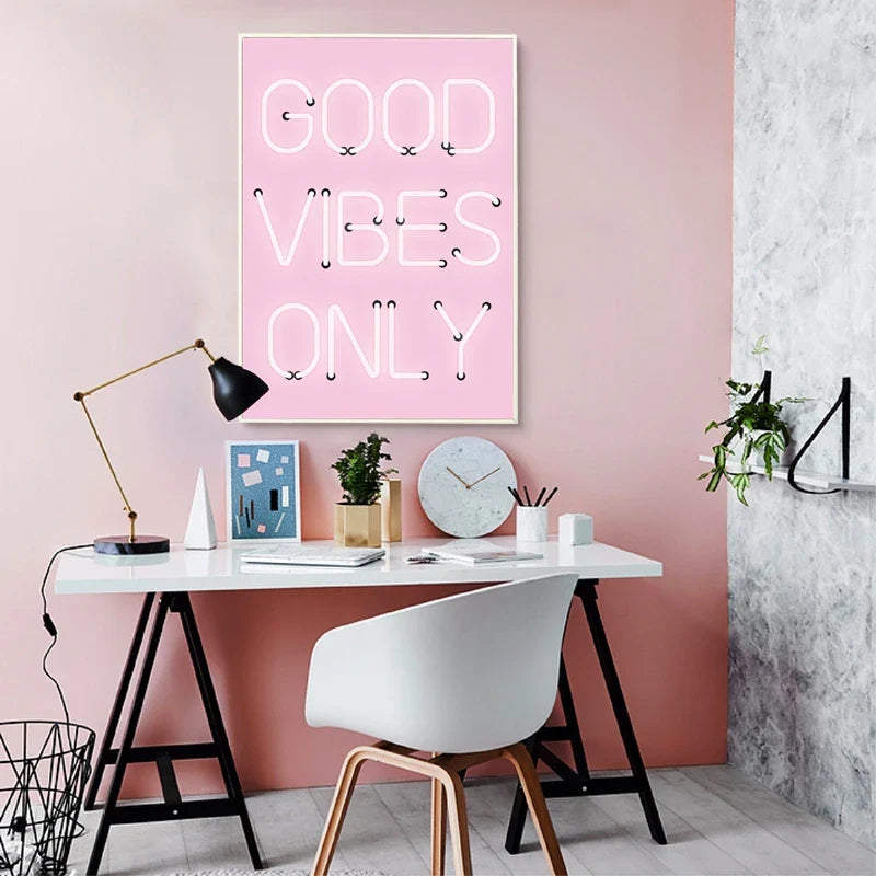 Good Vibes Only Neon Pink Poster Wall Art Fine Art Canvas Prints Positivity Picture For Living Room Girl's Bedroom Salon Art Decor | Bowlift