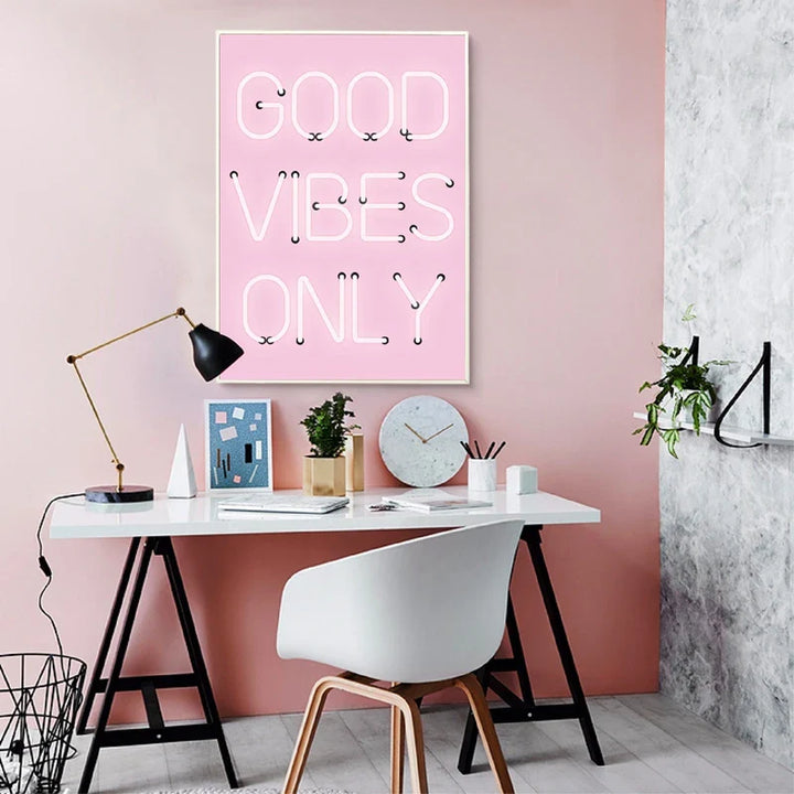 Good Vibes Only Neon Pink Poster Wall Art Fine Art Canvas Prints Positivity Picture For Living Room Girl's Bedroom Salon Art Decor | Bowlift
