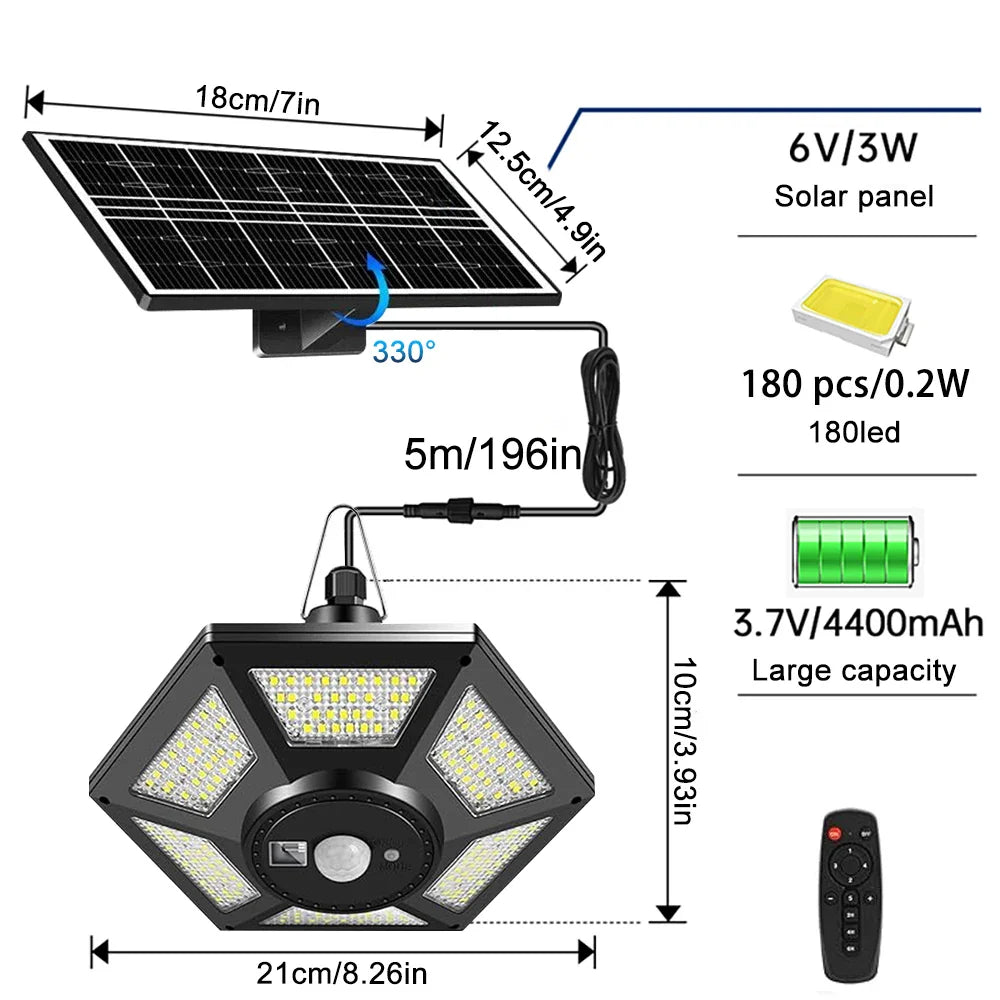BowLift | SolarHalo | 228 LED Solar Ceiling Lamp | 360° Light Angle | With Remote Control & Motion Sensor | 4400mAh Battery
