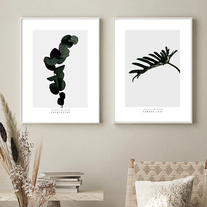 Minimalist Green Leaves Modern Botanical Specimen Wall art Fine Art Canvas Prints Gallery Wall Pictures For Living Room Dining Room Art Decor | Bowlift