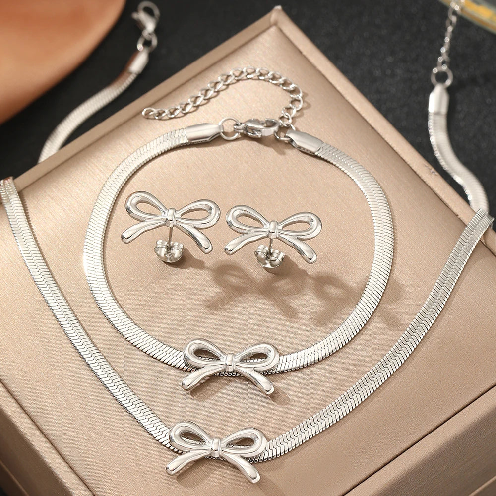 BowLift | Feminine Bow Herringbone Chain Necklace, Bracelet, and Earring Set