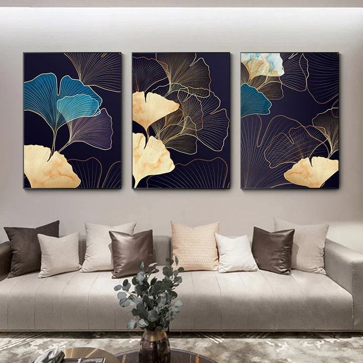 Abstract Botanical Tropical Blue Aubergine Floral Wall Art Fine Art Canvas Prints Pictures For Living Room Bedroom Hotel Room Decor | Bowlift