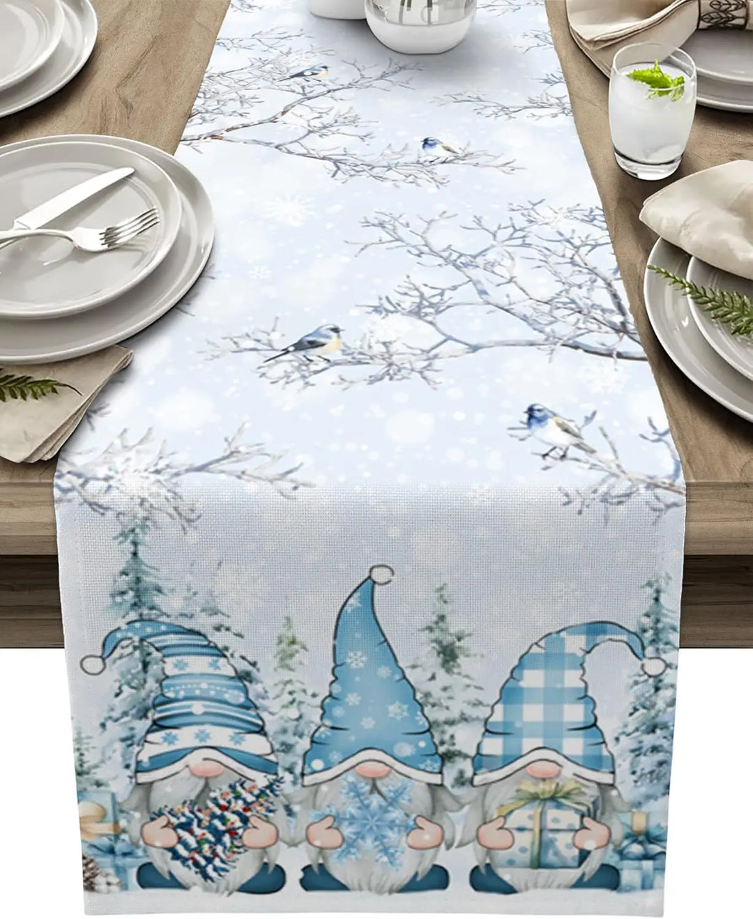 BowLift | SnowGnome Christmas Table Runner – Luxe Linen Table Runner with Snowflake and Gnome Design