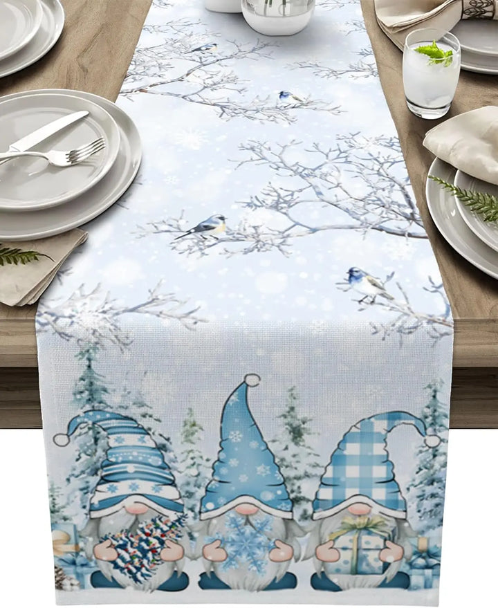 BowLift | SnowGnome Christmas Table Runner – Luxe Linen Table Runner with Snowflake and Gnome Design