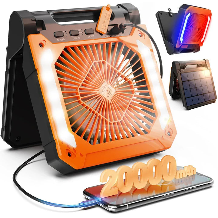 20000mAh Portable Electric Fan with LED Light — USB, Solar & Car Charging for Camping | Bowlift