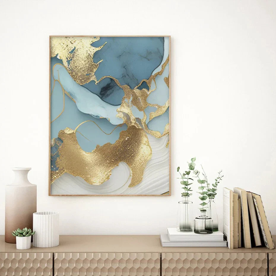 Modern Abstract Golden Blue Liquid Marble Print Wall Art Fine Art Canvas Prints Pictures For Living Room Bedroom Nordic Home Decor | Bowlift