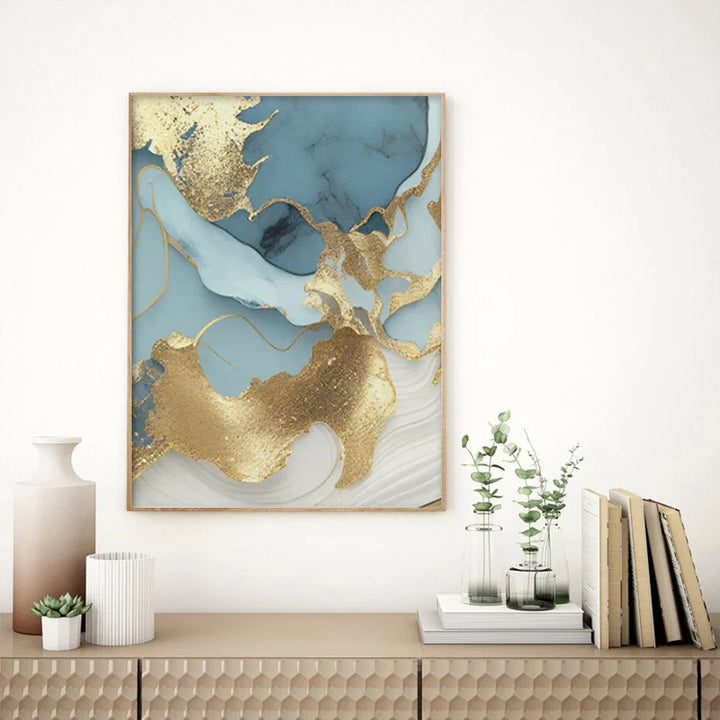 Modern Abstract Golden Blue Liquid Marble Print Wall Art Fine Art Canvas Prints Pictures For Living Room Bedroom Nordic Home Decor | Bowlift