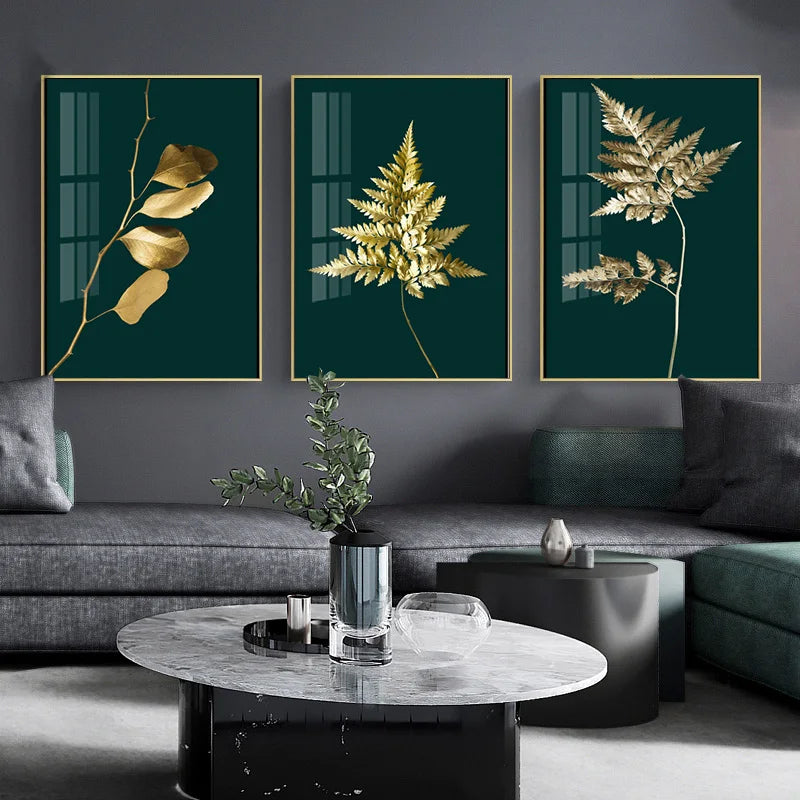 Abstract Tropical Botany Golden Leaves Wall Art Fine Art Canvas Prints Pictures For Living Room Dining Room Light Luxury Home Decor | Bowlift