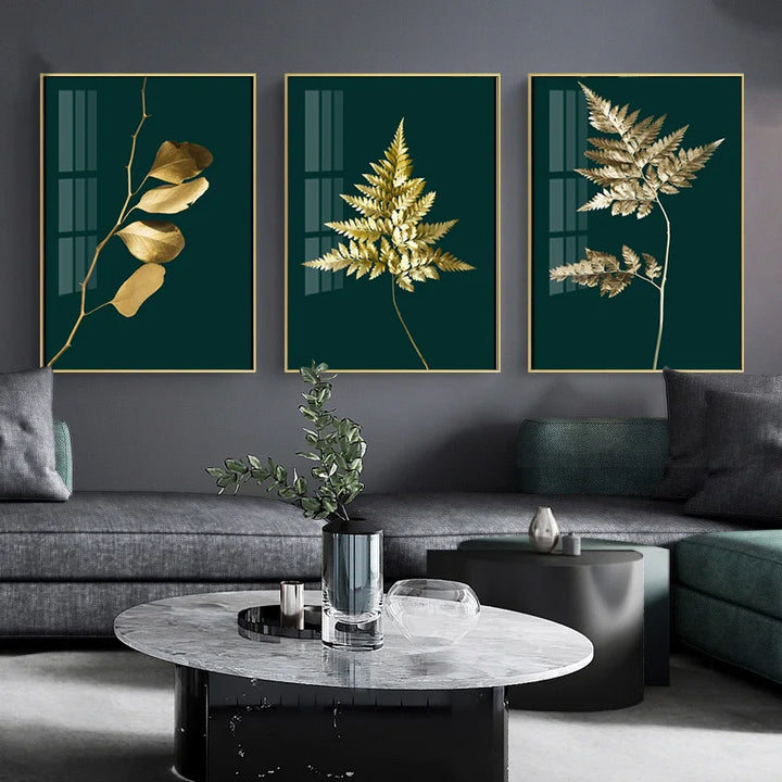 Abstract Tropical Botany Golden Leaves Wall Art Fine Art Canvas Prints Pictures For Living Room Dining Room Light Luxury Home Decor | Bowlift