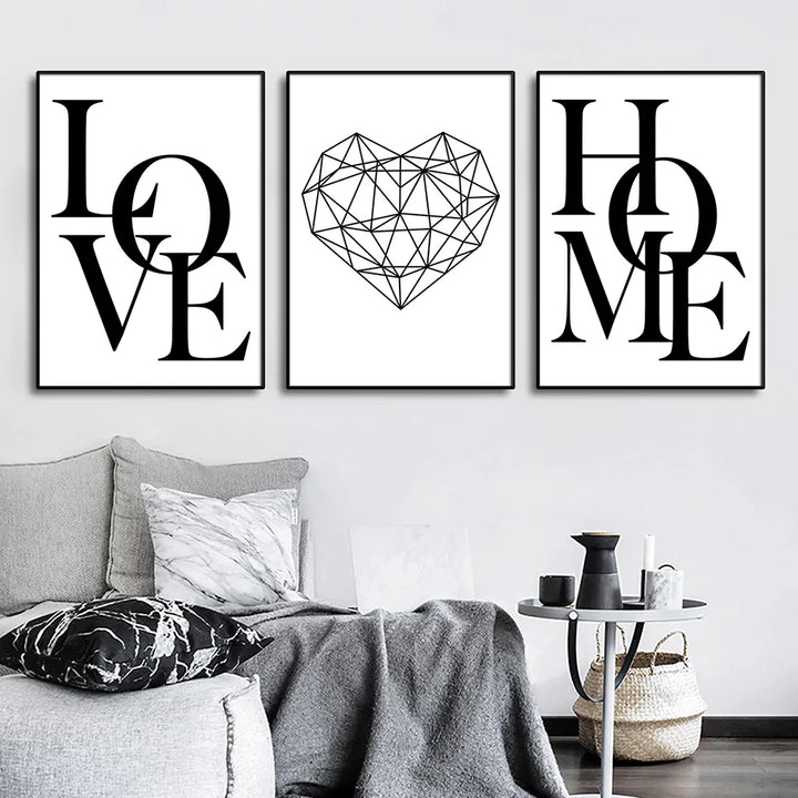 Set of 3Pcs Geometric Love Home Heart Wall Art Fine Art Canvas Prints Black White Minimalist Posters Pictures For Living Room Bedroom Art Decor | Bowlift