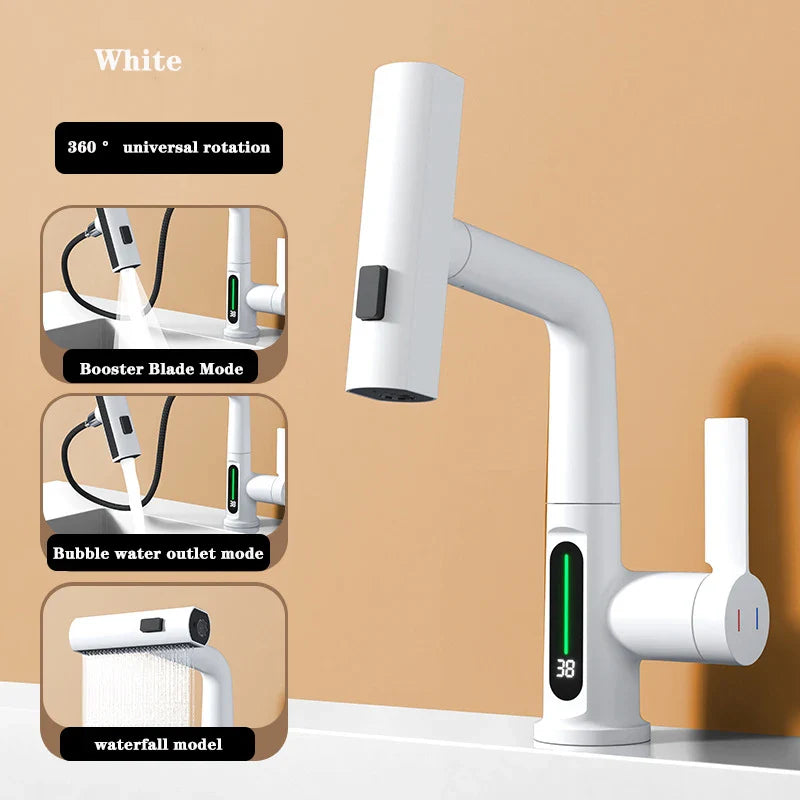 BowLift | Retractable Waterfall Faucet with Temperature Display in Stainless Steel