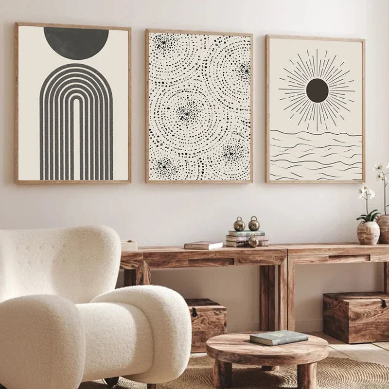 Sun Sea Circles Minimalist Line Art Black White Wall Art Fine Art Canvas Prints Pictures For Modern Living Room Bedroom Home Decor | Bowlift