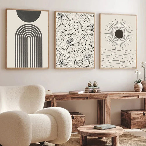 Sun Sea Circles Minimalist Line Art Black White Wall Art Fine Art Canvas Prints Pictures For Modern Living Room Bedroom Home Decor | Bowlift