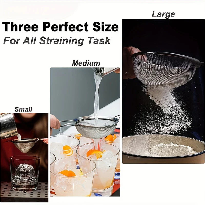 BowLift | Stainless Steel Kitchen Sieve Set ProSift MeshLine | 3-piece | Fine sieve for flour, juice, soy milk & pasta | 8/10/14 cm diameter