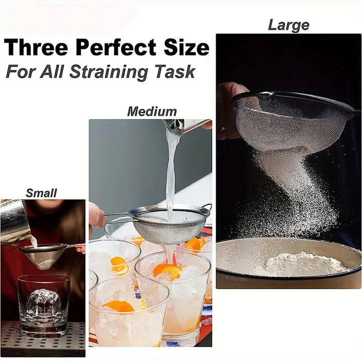 BowLift | Stainless Steel Kitchen Sieve Set ProSift MeshLine | 3-piece | Fine sieve for flour, juice, soy milk & pasta | 8/10/14 cm diameter