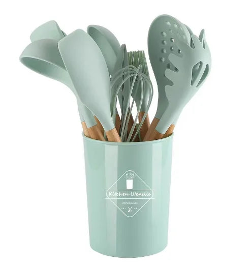 12-piece silicone cooking utensils set with wooden handles | Bowlift