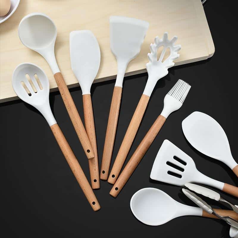 Kitchen set with 11 pieces in wood / silicone including holder (black or white) | Bowlift