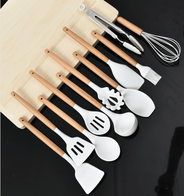 Kitchen set with 11 pieces in wood / silicone including holder (black or white) | Bowlift