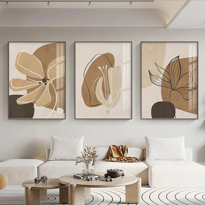 Simple Beige Brown Floral Abstract Wall Art Fine Art Canvas Prints Minimalist Pictures For Modern Apartment Living Room Bedroom Art For Contemporary Interiors | Bowlift