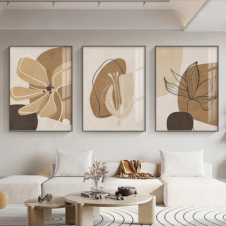 Simple Beige Brown Floral Abstract Wall Art Fine Art Canvas Prints Minimalist Pictures For Modern Apartment Living Room Bedroom Art For Contemporary Interiors | Bowlift