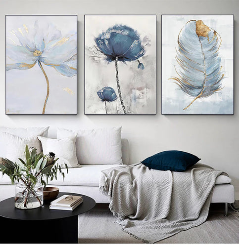 Simple Blue Floral Wall Art Fine Art Canvas Prints Modern Abstract Botanical Pictures For Living Room Bedroom Contemporary Home Decor | Bowlift