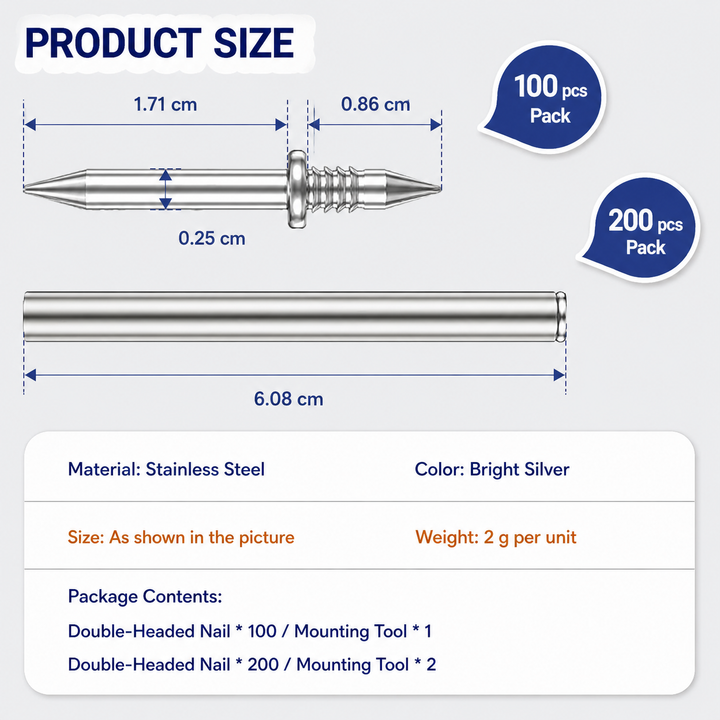 Skirting Board Nail Set – Double Head System 100 Pieces | Bowlift