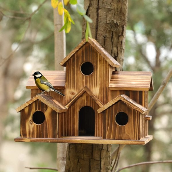 BowLift | SongbirdHaven Handmade Wooden Birdhouse with 6 Entrances for Your Garden
