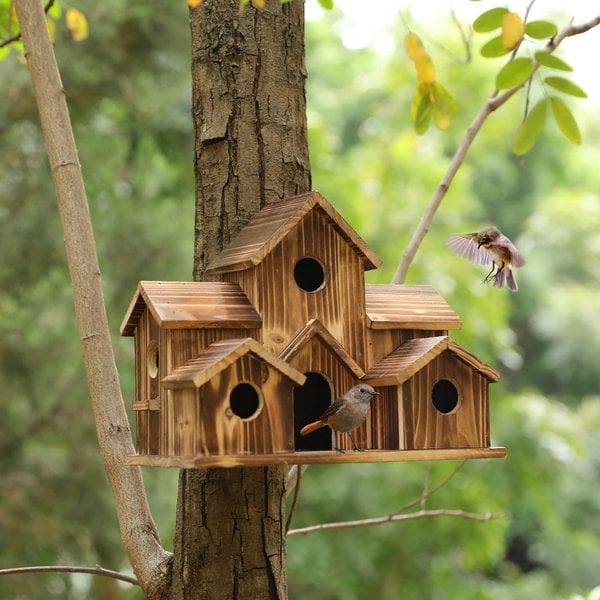BowLift | SongbirdHaven Handmade Wooden Birdhouse with 6 Entrances for Your Garden