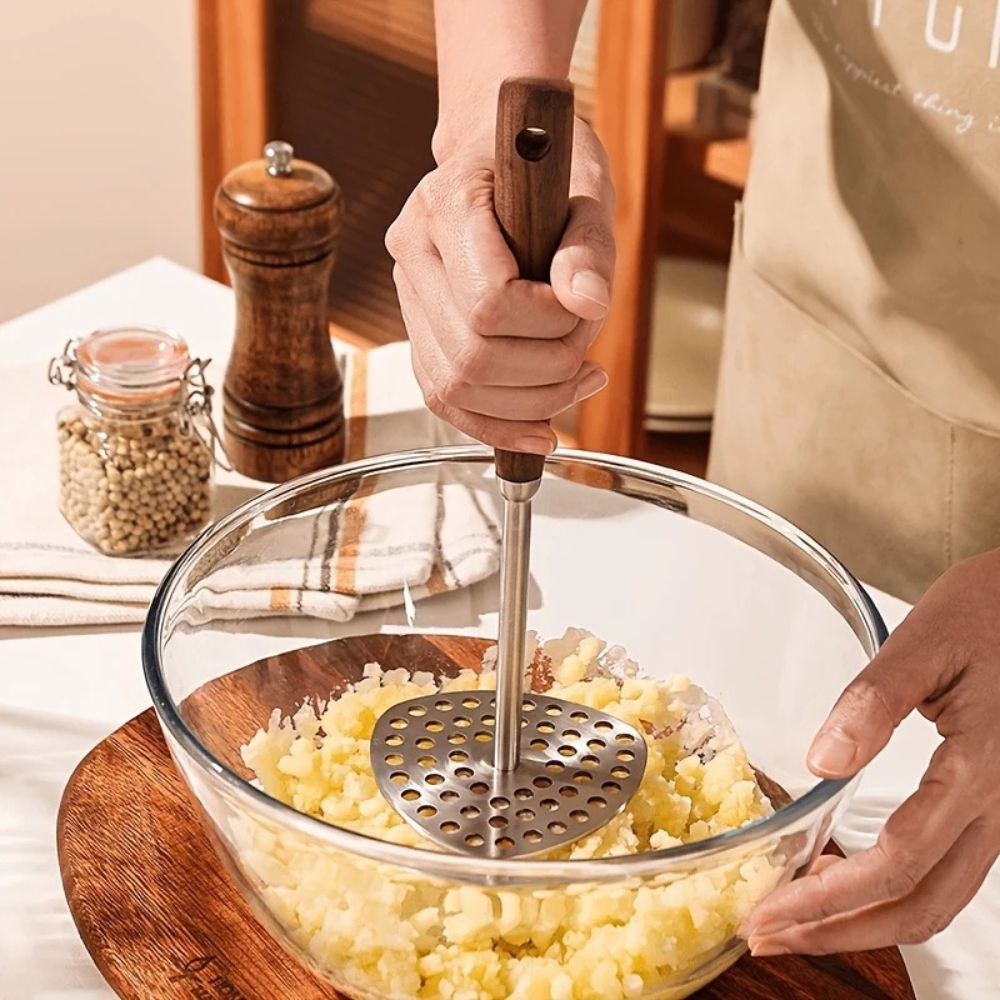 PureGrip Potato Masher Stainless Steel 304 With Wooden Handle | Bowlift