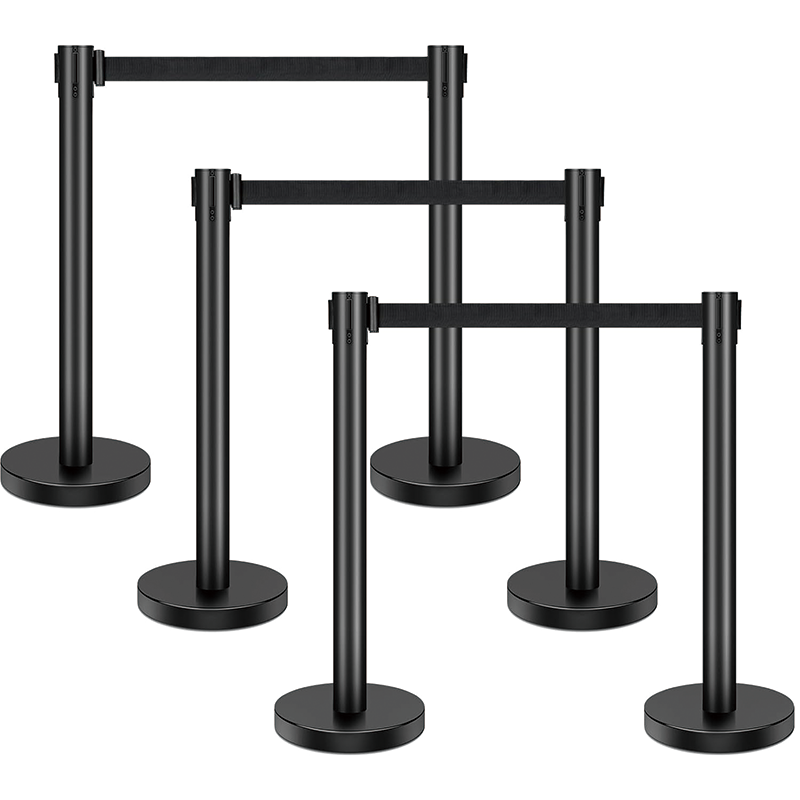 BowLift | 6 Pieces Stanchion Set, with 6.6ft/2 m Black Retractable Belt, Crowd Control Stanchion Retractable Belt Barriers
