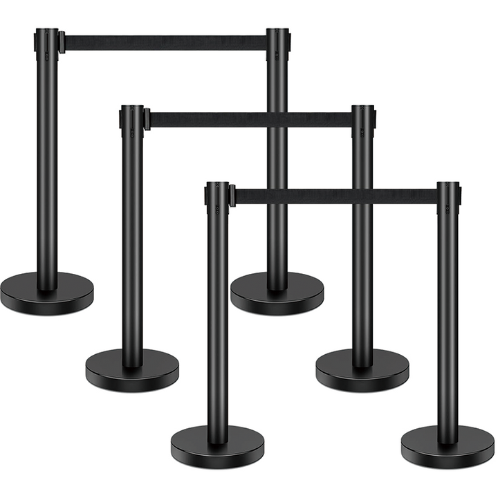 BowLift | 6 Pieces Stanchion Set, with 6.6ft/2 m Black Retractable Belt, Crowd Control Stanchion Retractable Belt Barriers