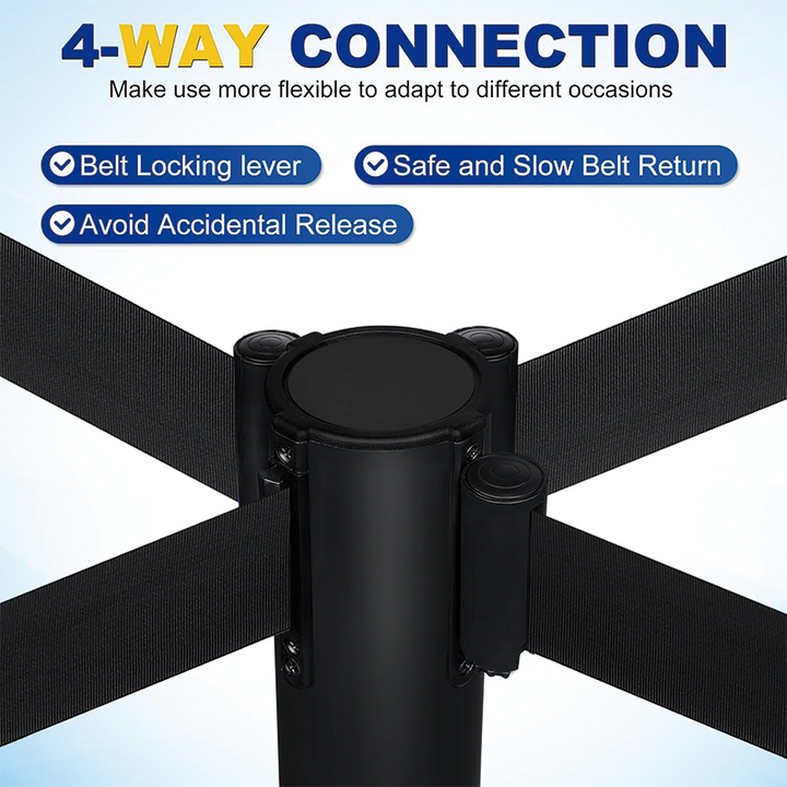 BowLift | 6 Pieces Stanchion Set, with 6.6ft/2 m Black Retractable Belt, Crowd Control Stanchion Retractable Belt Barriers