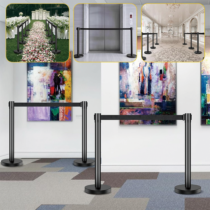 BowLift | 6 Pieces Stanchion Set, with 6.6ft/2 m Black Retractable Belt, Crowd Control Stanchion Retractable Belt Barriers