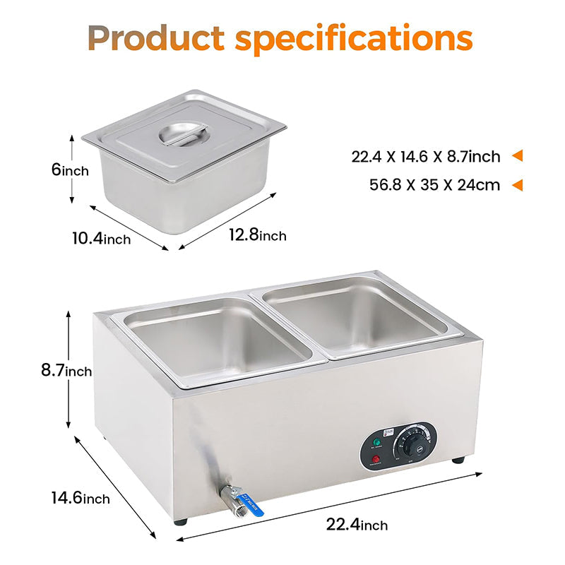 BowLift | 2-Pan 23Qt Stainless Steel Food Warmer 1200W Electric Steam Table Commercial Food Warmer Buffet  for Parties Catering and Restaurants