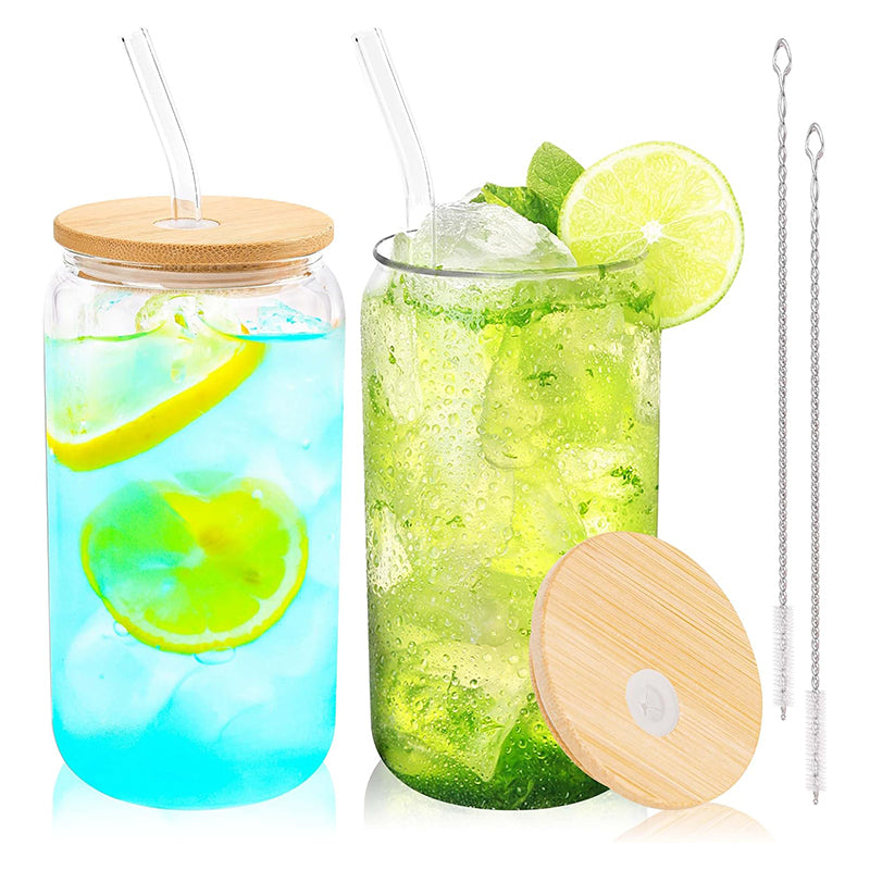 BowLift | 16 oz Glass Cups with Bamboo Lids and Straws Reusable Iced Coffee Cup Beer Can Drinking Jars for Smoothie Whiskey Boba Soda Tea