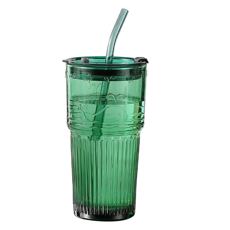 BowLift | Water Cup Straw Cup Glass Cup With Lid Juice Drink Milk Tea Cup, Office 2 Pieces-Emerald Green-410ml