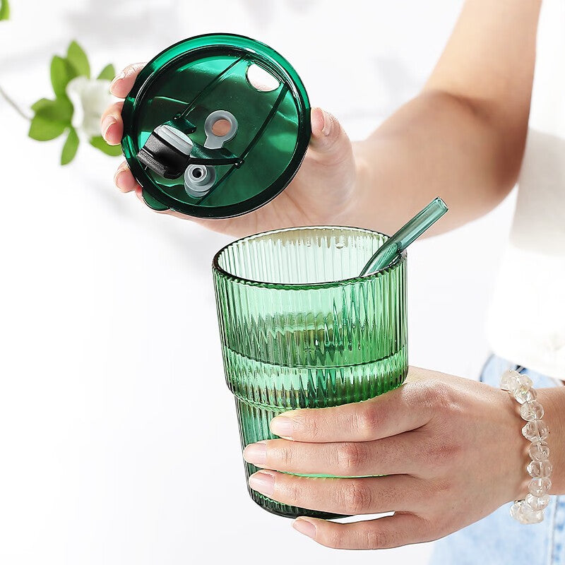 BowLift | Water Cup Straw Cup Glass Cup With Lid Juice Drink Milk Tea Cup, Office 2 Pieces-Emerald Green-410ml